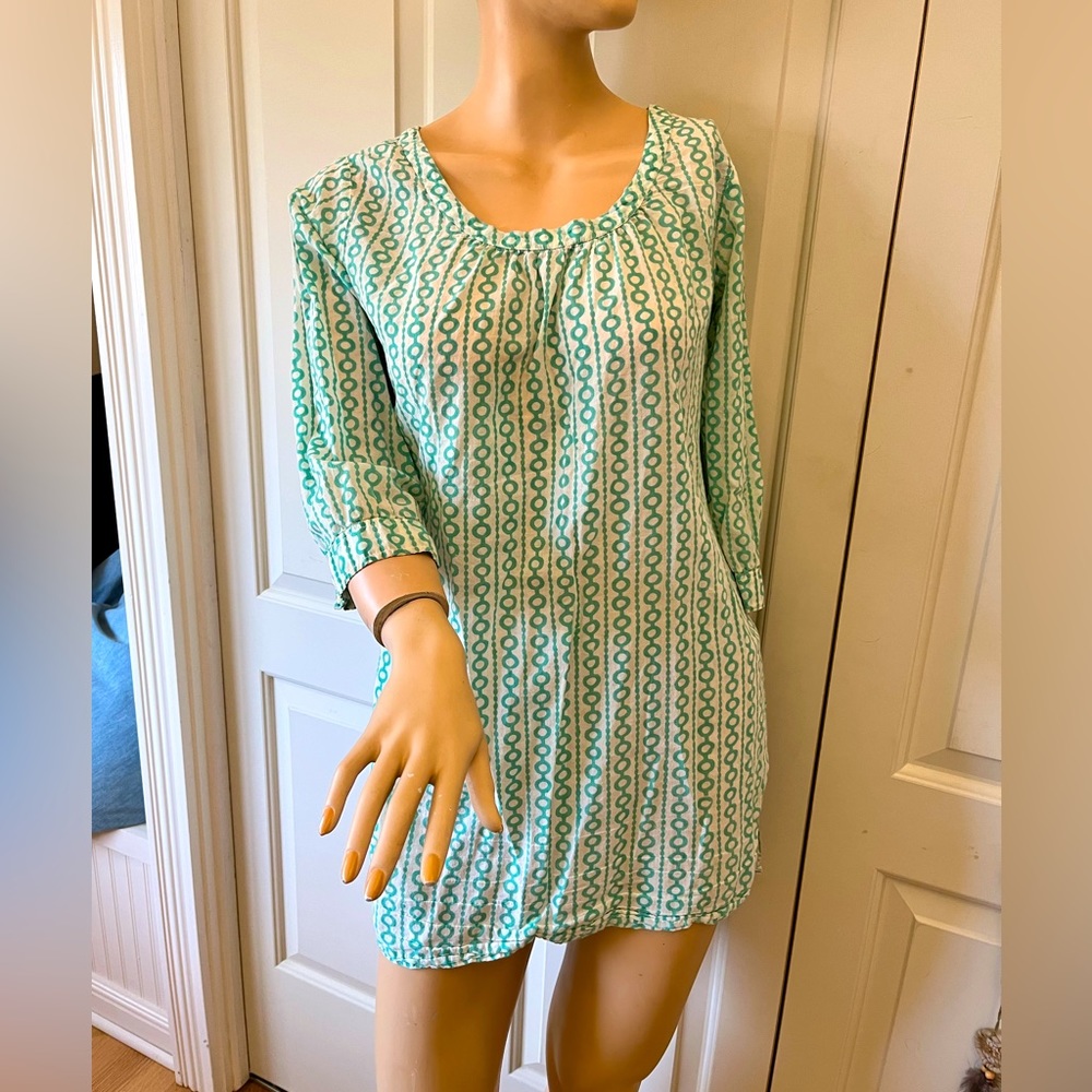 Cute Cotton Spring Tunic Top Sea Green and White S